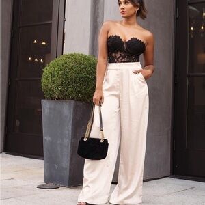 Express Bridal Super High Waisted Satin Pleated Wide Leg Pant Ivory Cream